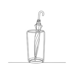 Closed umbrella in stand one-line drawing on white background