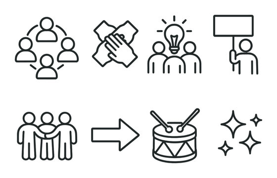 Outline icons of teamwork, innovation, and communication on dark background