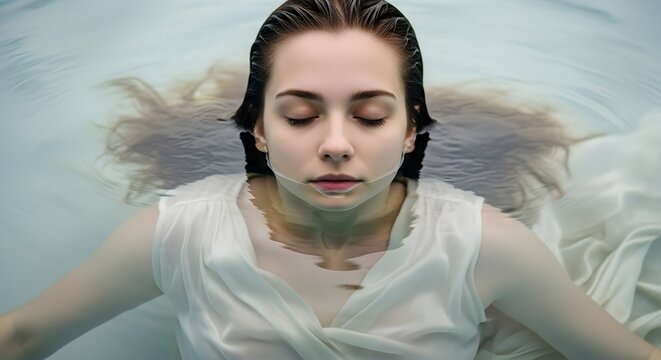 Young woman in a white dress floating underwater with eyes closed. - Powered by Adobe