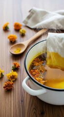 Pot of natural textile dye with flowers on wooden table  