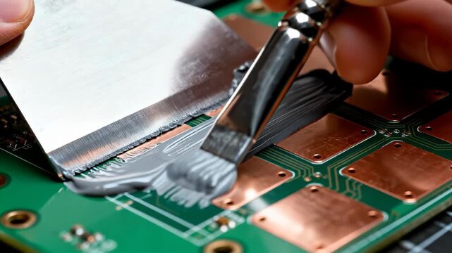 Applying thermal paste on a computer processor for better heat transfer in a tech workshop
