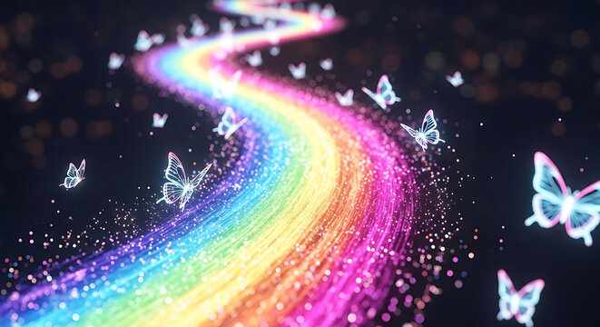 Fantasy illustration depicting iridescent butterflies emerging from a brilliant, abstract stream of rainbow particles.