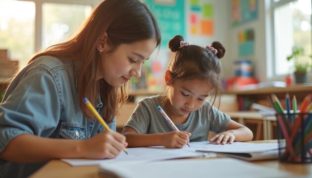 Woman tutor helps little asian girl with school homework in classroom. Teacher gives private lesson to child at desk. Kid student gets one-on-one support from mentor. Write together studying, - Powered by Adobe