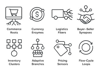 Stylized icons representing modern business and logistics concepts
