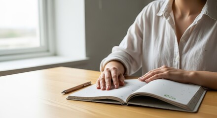 Woman studying with a notebook made from recycled paper on table   