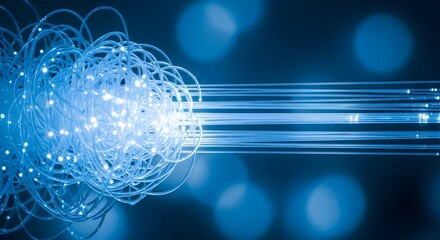 Abstract blue light trails and glowing particles representing data flow and technology.
