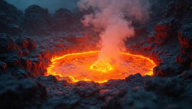 Dramatic photo of active volcano crater with lava pool emitting smoke. Molten magma flows with orange fiery glow. Volcanic eruption showcases power of nature and geology