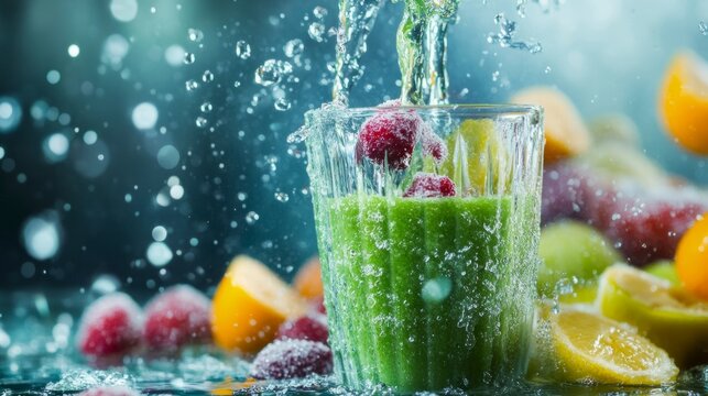 Glass filled with green smoothie and water splash on a light background with fresh ingredients