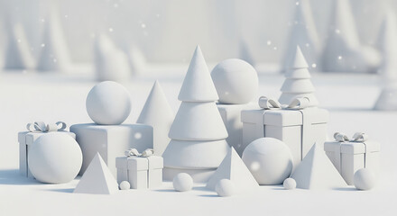 Minimal Snowy Holiday Scene With Geometric Shapes - 3D Winter Concept