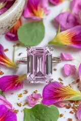 Emerald Cut Gemstone on Colorful Petals
