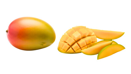 Fresh, juicy mango fruit, whole and sliced for summer recipes and desserts