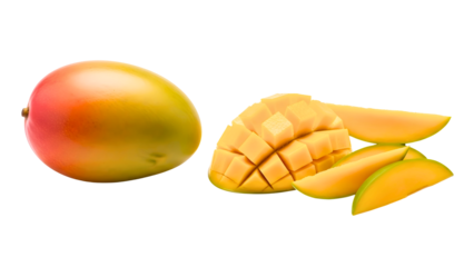 Fresh, juicy mango fruit, whole and sliced for summer recipes and desserts