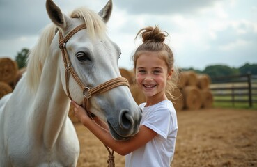 Young girl lovingly pets white horse in rural setting. Child smiles warmly at equine companion on farm. Warm light highlights friendship, connection with nature. Ideal for family, agriculture animal