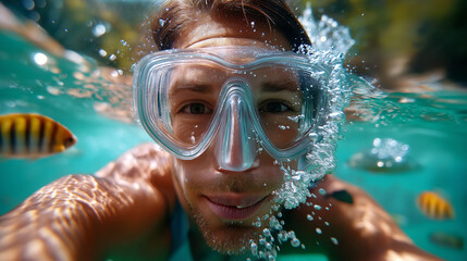 Naklejka premium Snorkeler POV drifting through tropical lagoon with curious fish approaching, gentle bubbles, vacation serenity, with copy space