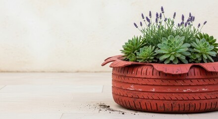 Old tire planter with succulents and lavender on neutral background  