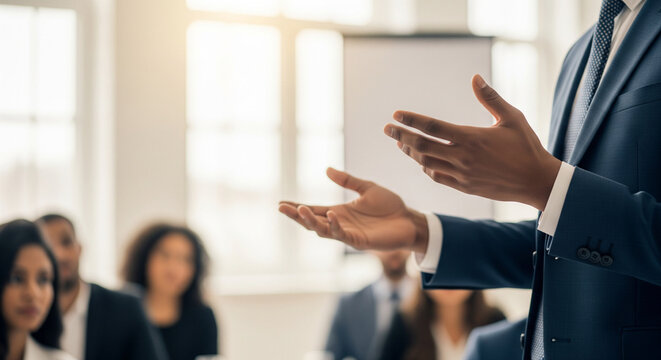 Business leader hands presenting and gesturing to an attentive corporate audience.