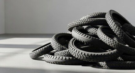 Pile of bike tires for recycling in a minimalist indoor space  
