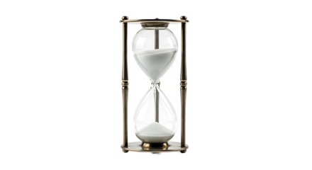 A close up of an hourglass with white sand against a black background showing the passage of time