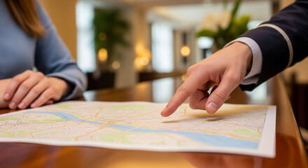 Concierge pointing at a map to assist a guest in a hotel lobby for hospitality service.