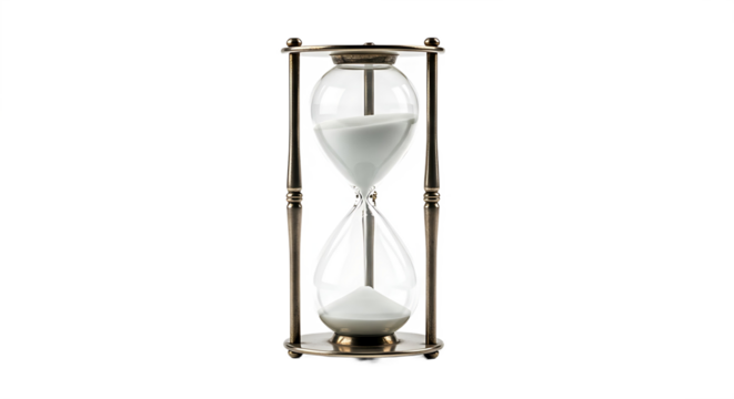 A close up of an hourglass with white sand against a black background showing the passage of time