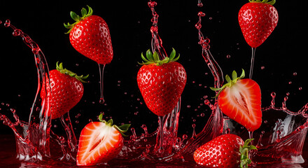 Strawberries and slices splashing into red juice against a dramatic black background.