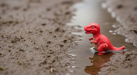 Red plastic dinosaur toy standing on muddy ground near water  