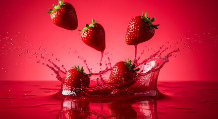Strawberries dropping into red liquid creating a dramatic, clean splash effect.