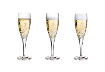 A collection of glasses, flutes, with champagne, fizzy wine, as a birthday celebration or to celebrate the New Year with different amounts of fizzy bubbles isolated against a transparent background.
