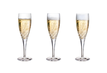 A collection of glasses, flutes, with champagne, fizzy wine, as a birthday celebration or to celebrate the New Year with different amounts of fizzy bubbles isolated against a transparent background.