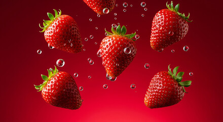 Fresh strawberries floating with water droplets on a vibrant red gradient background.