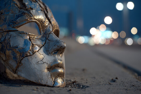 Broken silver theatrical mask lying on street asphalt with city bokeh background