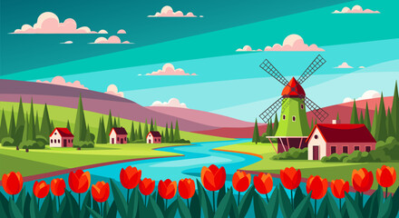 Dutch Countryside Landscape with Windmill and Tulips, Illustration