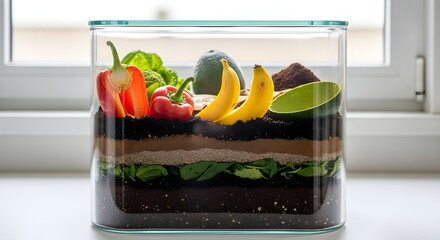 A glass container displays layers of soil and organic food waste showcasing a composting process.