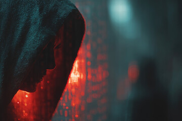 Mysterious hooded hacker profile with flowing red digital binary code