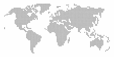 World map composed of dark dots on a white background