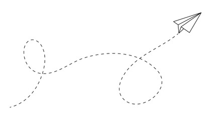 Simgle paper plane with dotted line. paper airplane routes. one paper airplane doodle. travel path. travel sign. vector illustration