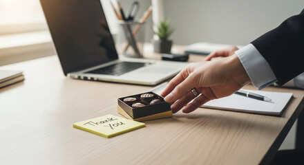 Hand placing a box of chocolates next to a "Thank You" note on an office desk