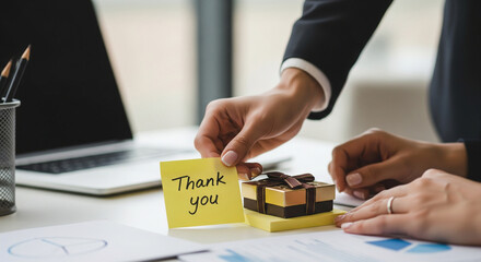 Business people exchanging a small gift box and a "Thank you" note at the office desk.
