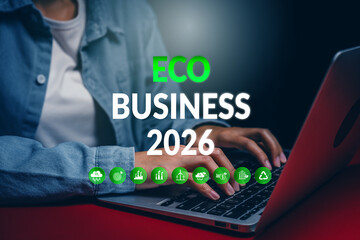 Hands typing with eco business icons, sustainability awareness, green innovation planning, environmental responsibility mindset, future development direction, eco business concept