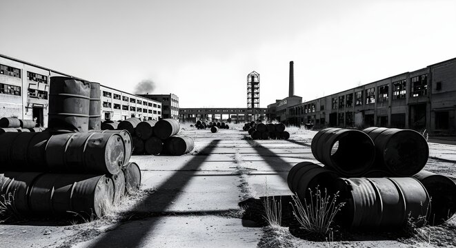 An abandoned industrial area featuring old barrels and dilapidated buildings.
