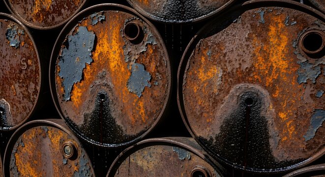 A closeup view of several old rusted metal barrels with peeling paint.