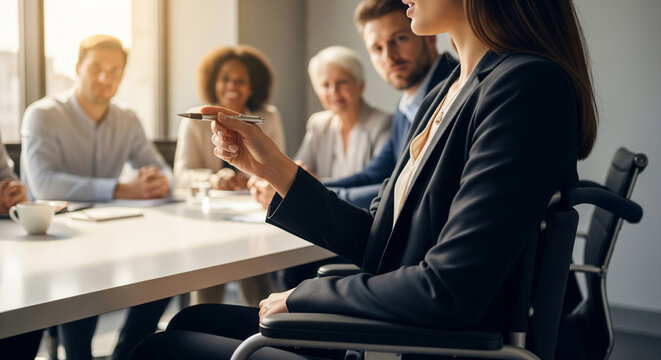 Inclusive female leader in a wheelchair conducting a meeting with a diverse team.
