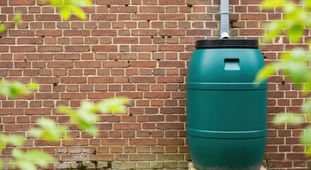 Green rain barrel beside brick wall in garden for ecology  