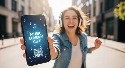 Happy woman showing a mobile music lover's gift card with headphones in the city.
