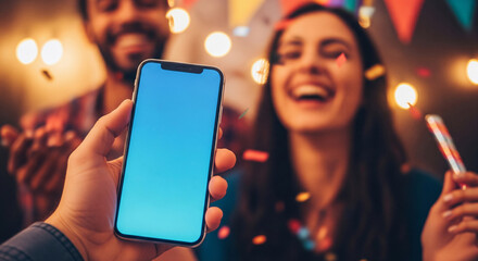 Hand holding a smartphone with a blank screen mockup at a celebration party event.
