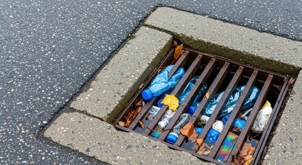 Storm drain filled with plastic waste and debris on pavement  