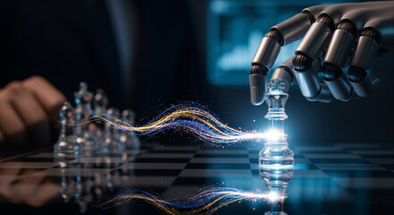 Robot hand moving a glowing king chess piece for AI strategic decision-making.