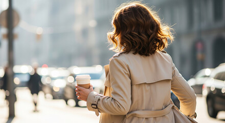 Rear view of a professional businesswoman walking in the city with a takeaway coffee.