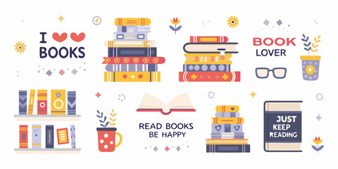 Collection of charming illustrations celebrating books and reading