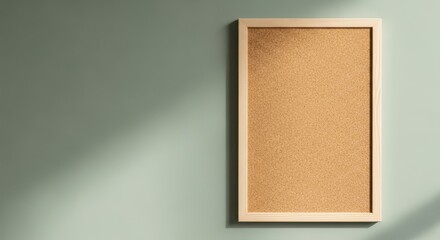Recycled cork board in wooden frame mounted on green wall  